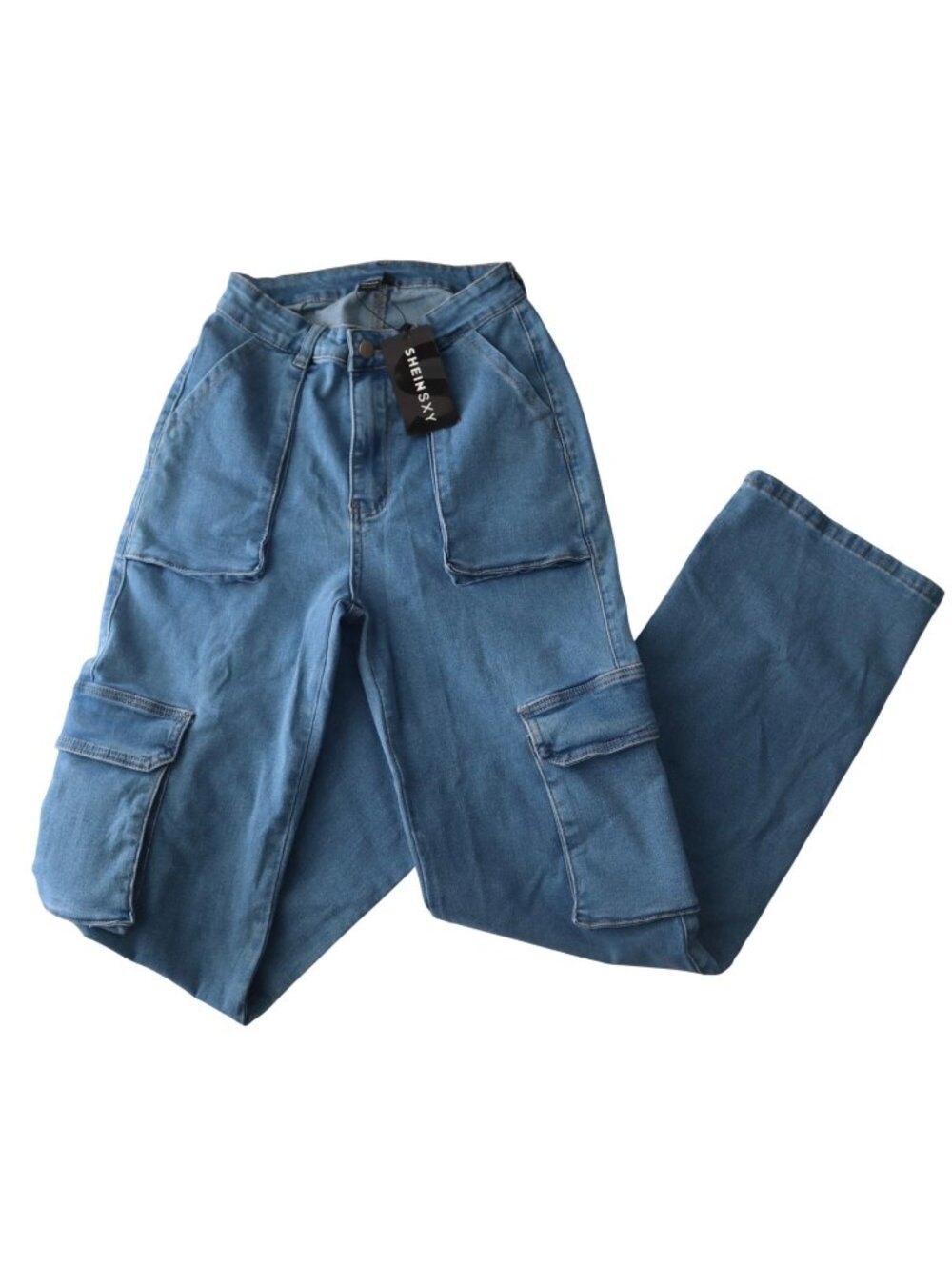 #917 Shein Sxy Womens Medium Blue Denim Cargo Pant High Waist Relaxed Fit